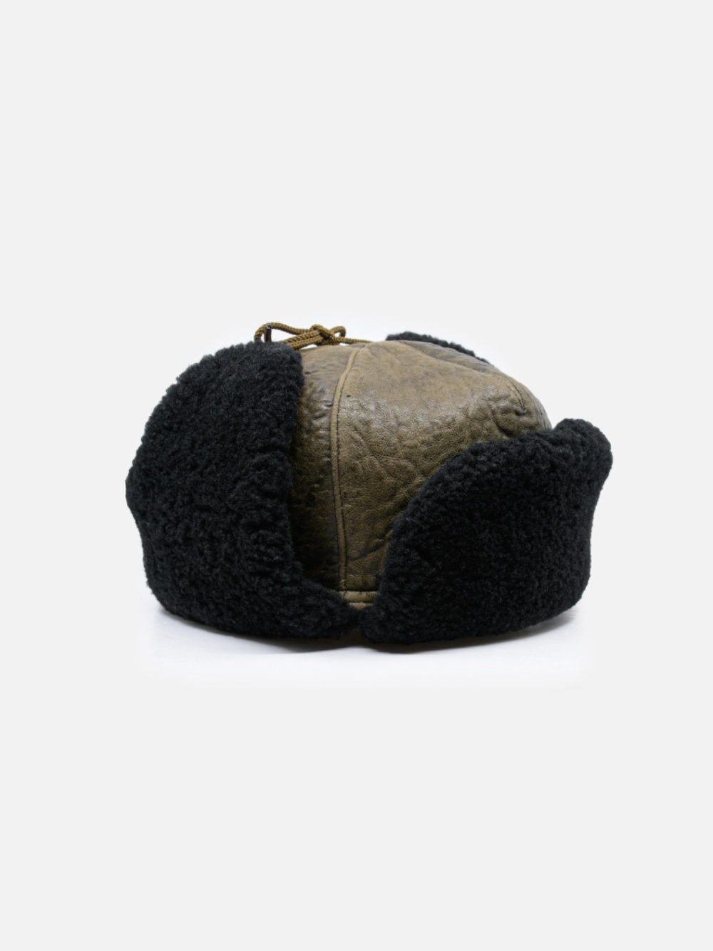 Olive Brown Leather Trapper Hat Black Fur Trim Ear Flaps